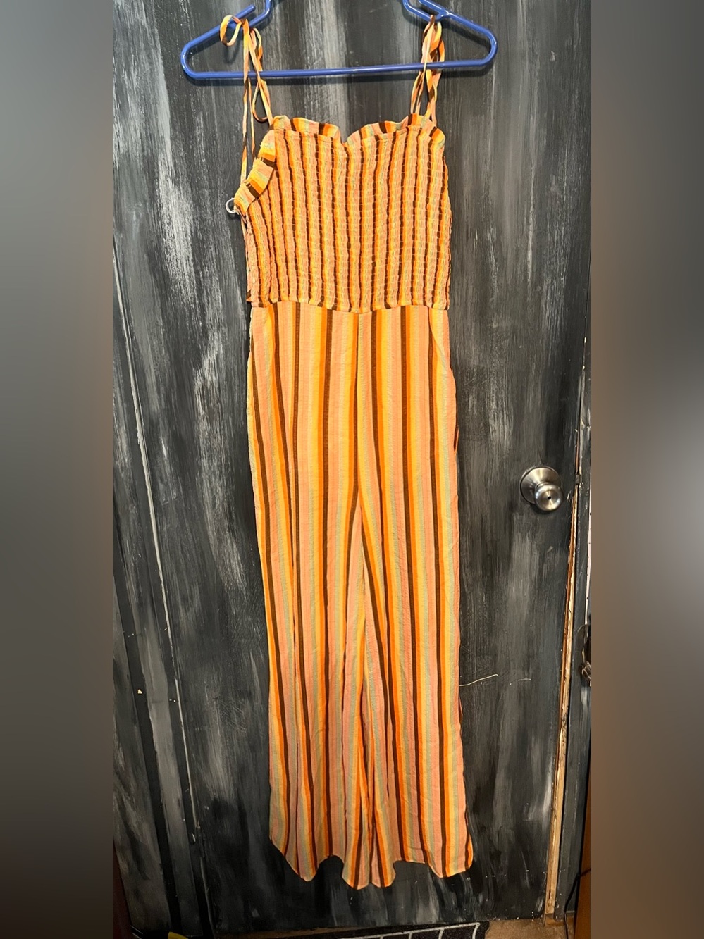 essue Orange Multicolor Striped Smocked Jumpsuit with Tie Straps